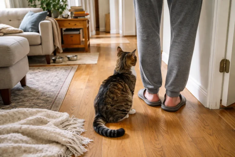 Cat resting beside owner’s feet