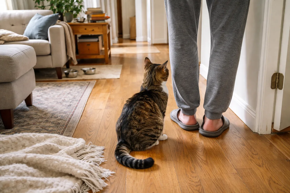 Cat resting beside owner’s feet