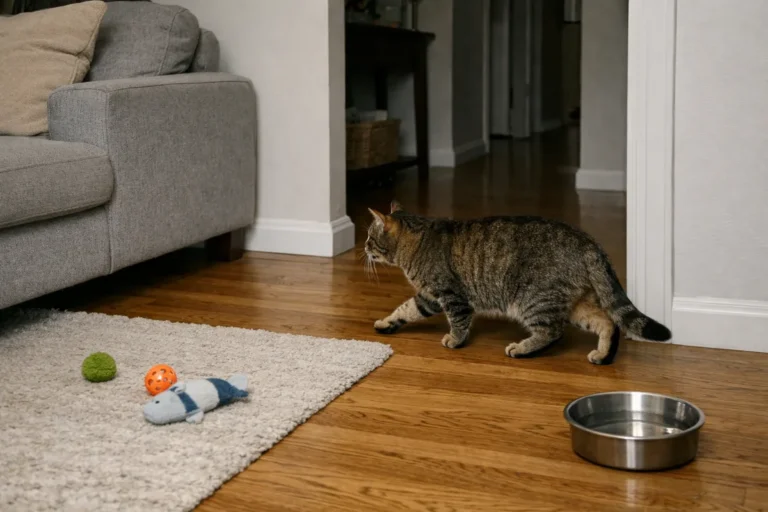 Cat walking carefully across a quiet room