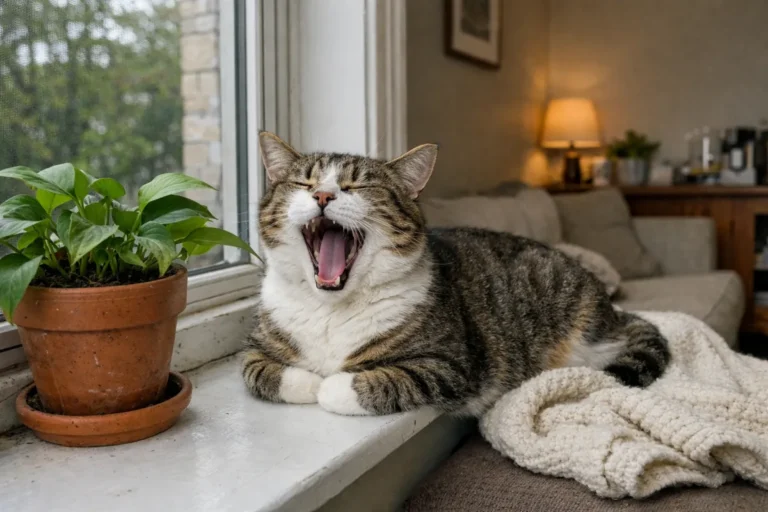 Cat yawning on a quiet windowsill